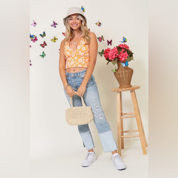 Daisy Print Open Back Halter Cropped Tank - Orange - Picture 12 of 16